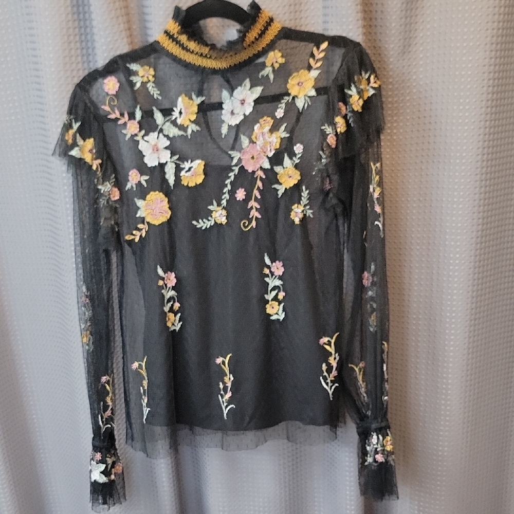 Zara Sheer Floral Embroidered Mock Neck Top Size XS